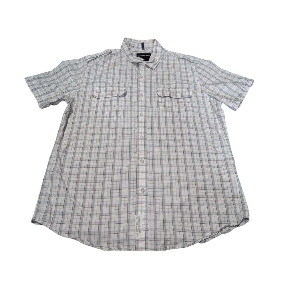 Calvin Klein Jeans Shirt Mens Large White Blue‎ Plaid Short Sleeve Epaulette L